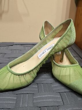 Jimmy Choo Lime Green Mesh Mid-Heel Pumps